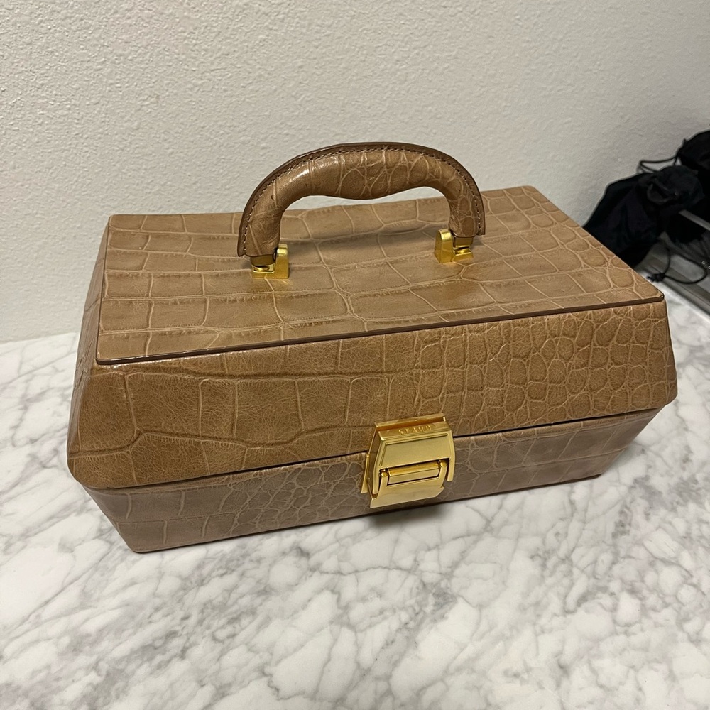STAUD Lincoln Leather Jewelry Box Purse with Gold Accents-Beige